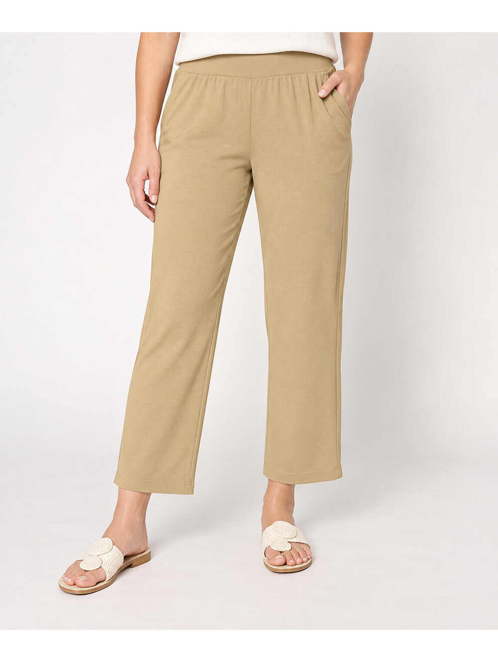Denim & Co. Beach Jersey Regular Straight Leg Ankle Pant Sand, Size Small